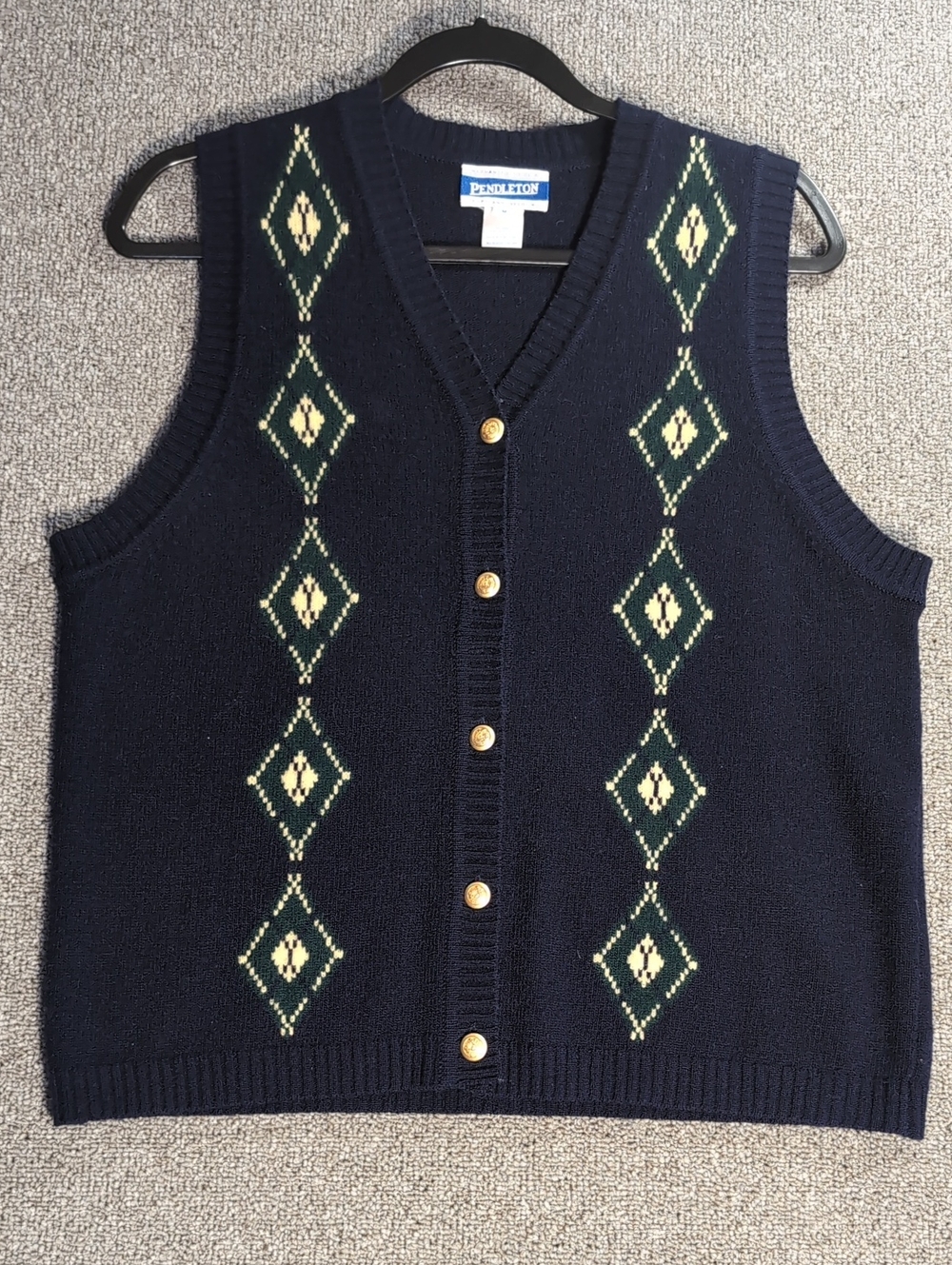 Vintage 90s Pendleton Lambswool Button Up Vest Fair Isle Diamond Pattern Size M